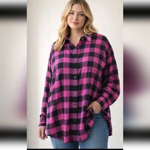 DKNY Jeans Women’s Plaid Button  Shirt Pink Black Check Size Plus 3X